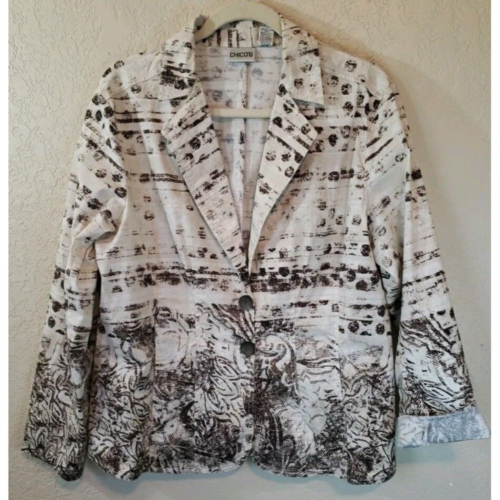 Chicos Scroll Print Blazer Sz 2 Or Large Tan Brown Cotton Blend Empire Waist - Picture 1 of 8